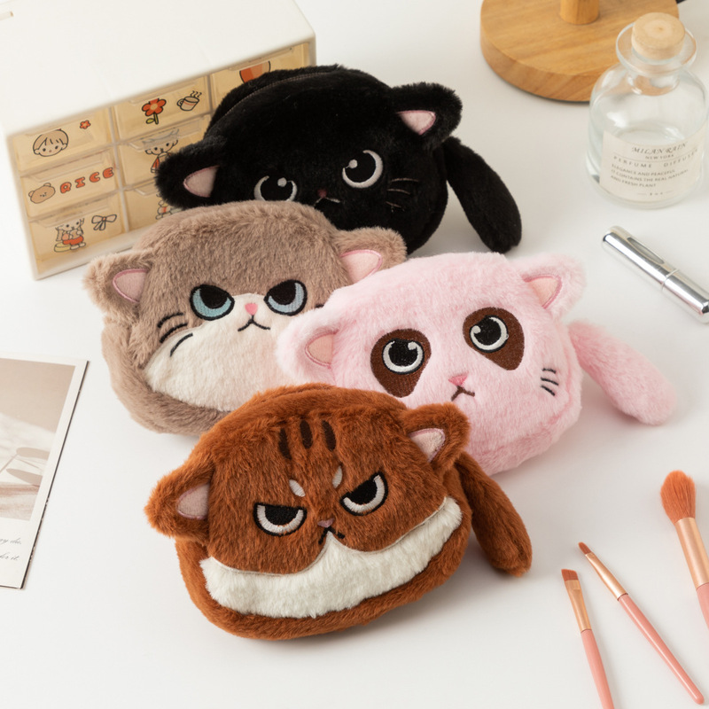 Large capacity cat coin purse plush kitten key lipstick storage bag cartoon student stationery storage bag wholesale