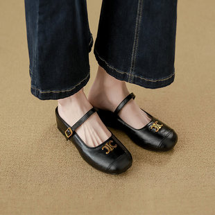 Small Size 323334 Genuine Leather Silver Mary Jane Half Slippers for Small People with Inner Height Increase of 5cm Baotou Half Slippers for Women Summer