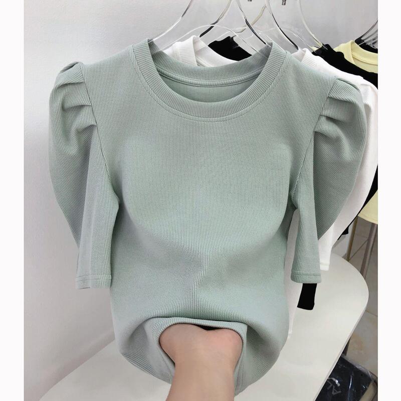 Plus Size Women's Cotton Puff Sleeve Short-Sleeved T-Shirt Fat mm Summer Style Retro Round Neck Short Five-Quarter Mid-Sleeve Top