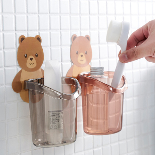 Bear Hug Storage Cup Bathroom No-Punch Wall-mounted Drainage Storage Box Cartoon Toothpaste Toothbrush Storage Rack