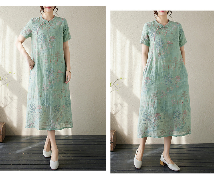 Modernes Chinesisches Cheongsam Baumwoll Leinen Stickkleid_voghion.com