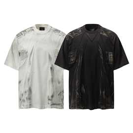 高街小众设计感解构拼接短袖T恤男美式复古做旧脏脏宽松潮牌半袖