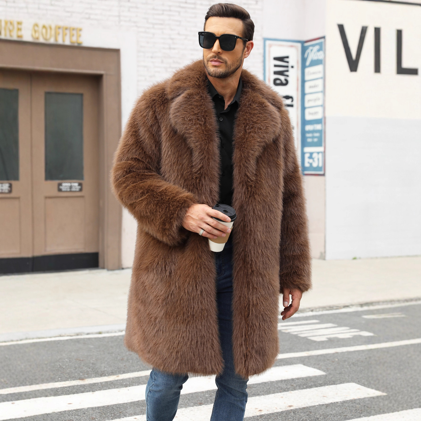 F0951新款欧美跨境仿皮草外套男士中长款英伦西装领保暖仿毛皮草