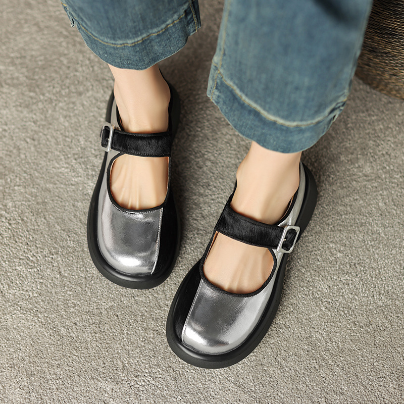 23 Summer New Genuine Leather Thick Bottom Silver Shallow Mouth Mary Jane Shoes Women's Wedge Platform Bottom Colorblock Horse Hair Round Toe Shoes