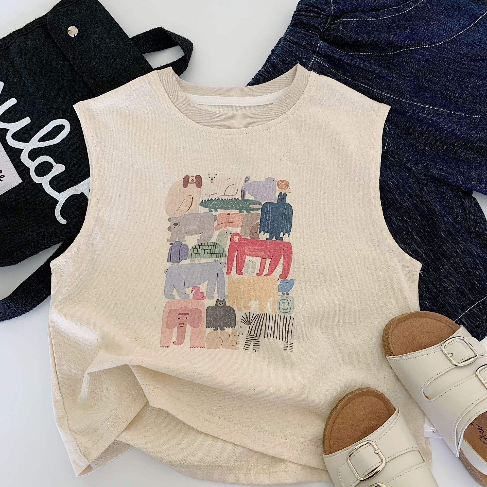 Camiseta sin mangas de verano para niños Maibao 2025 nuevo estilo para niños y niñas con estampado de dibujos animados top verano a clase