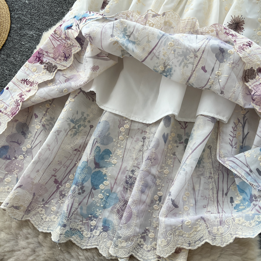 Women's French Sweet Style Floral Print Patchwork A-Line Midi Skirt High Waist Slimming mid Length Summer Fairy like Cake Skirt_ecoleips.com