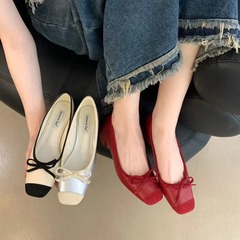 Jonmei for San溫柔方頭粗中跟通勤單鞋女蝴蝶結拼色四季鞋春新款