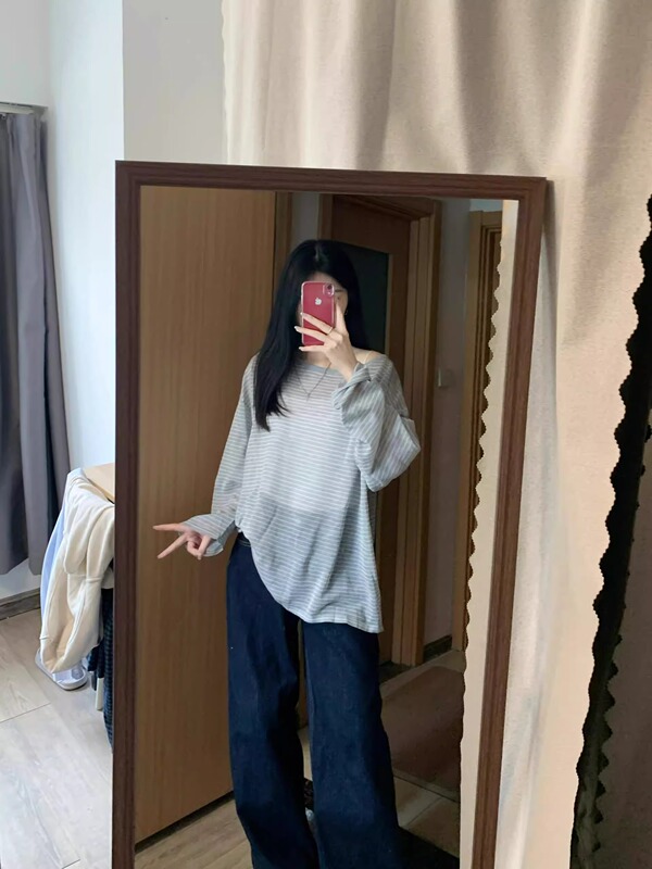 韩系条纹圆领防晒长袖针织T恤女装夏季新款韩系宽松薄款罩衫上衣|undefined