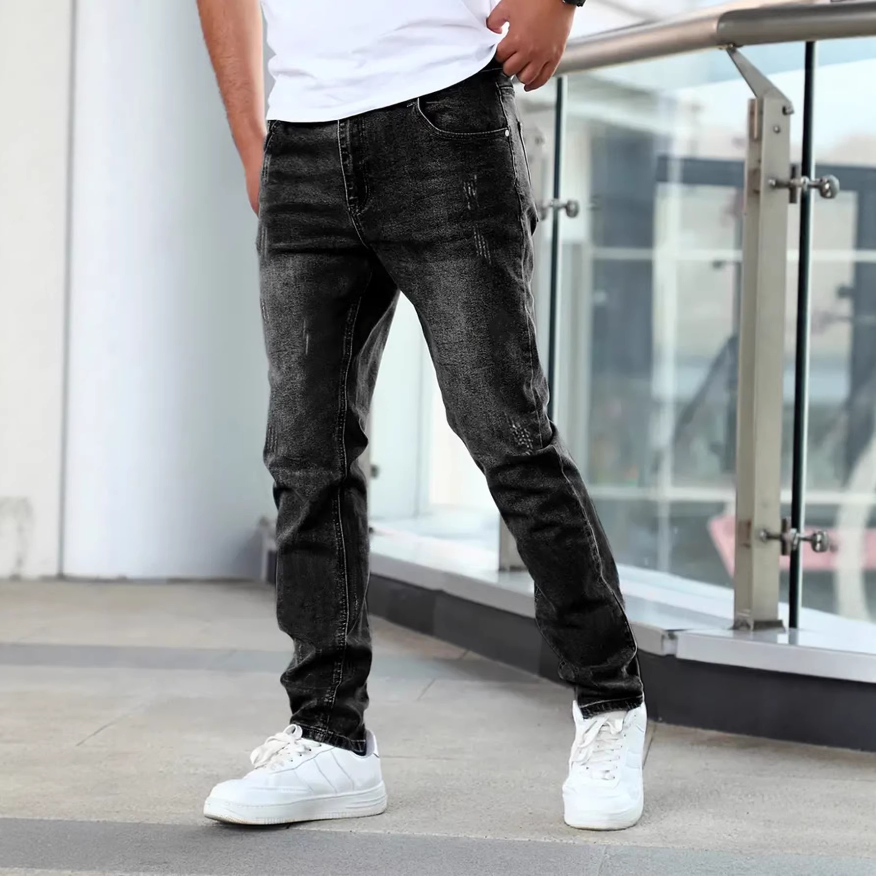 Men's Slim Fit Stretch Denim Jeans Black Midweight Skinny Pants All Seasons Simple Design Mid Waist Cropped Length_voghion.com