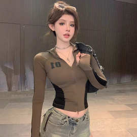纯欲御姐辣妹风拼接撞色领拉链女装春秋季设计感拉链修身显瘦上衣