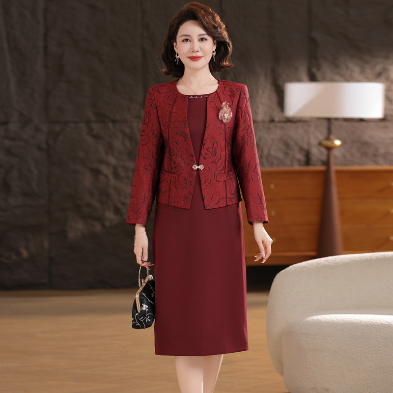 新娘妈妈装两件套遮肚显瘦喜庆结婚礼服连衣裙修身包臀套装旗袍裙|undefined
