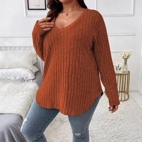 2025 Amazon Independent Store European and American Autumn/Winter New Solid Color Plus Size V-Neck Long-Sleeve Plaid Velvety T-Shirt for Women