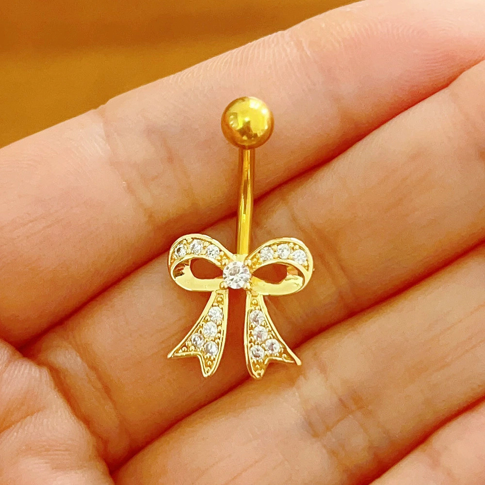 Bow Design Belly Button Ring With Zirconia In Stainless Steel_voghion.com
