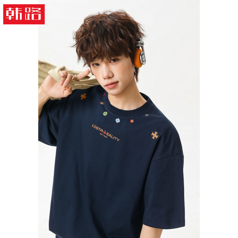 Ethnic Style Printed Textured Pure Cotton Short-Sleeved T-Shirt for Men, Summer Style, Basic Loose-Fitting American Casual Half-Sleeved T-Shirt