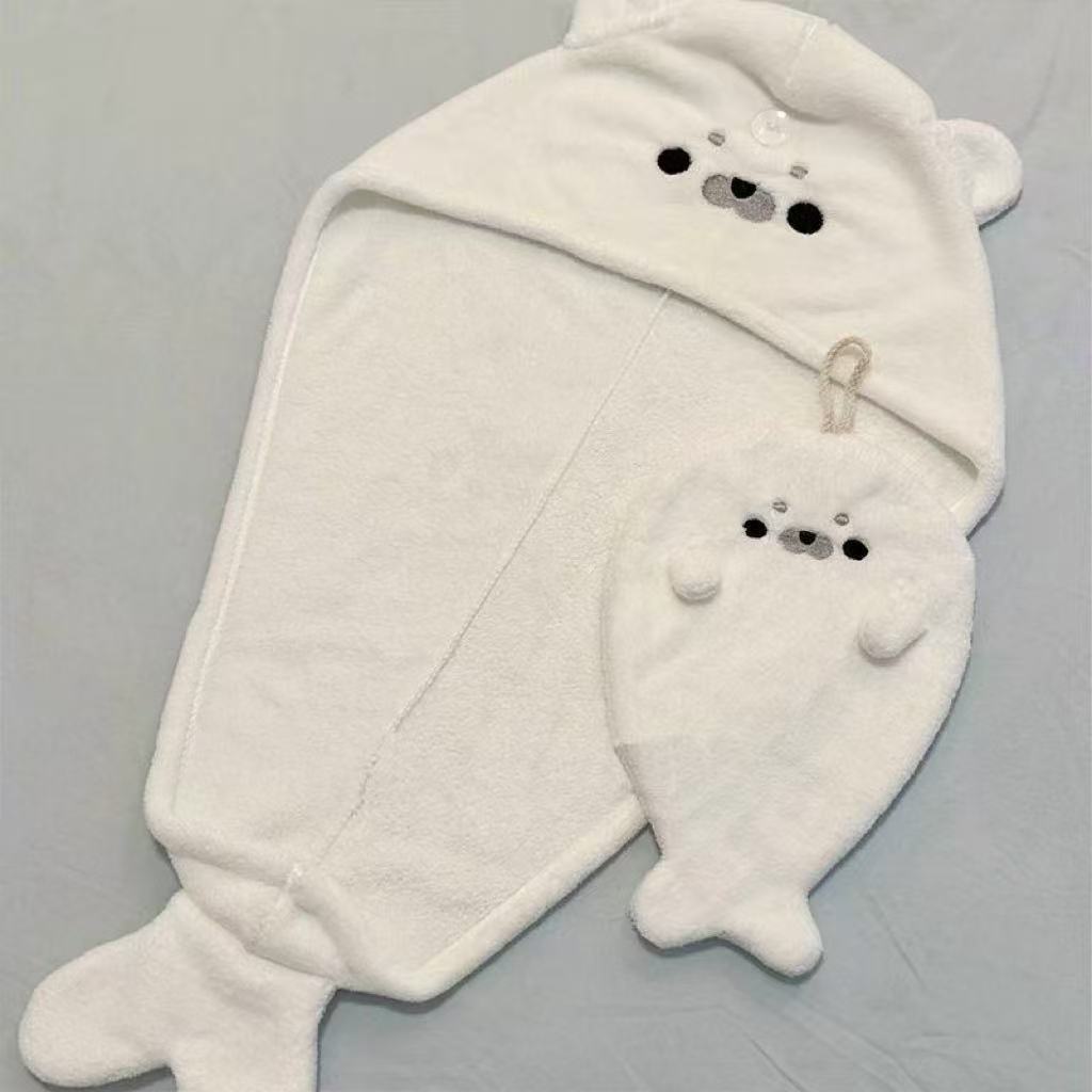 Cute seal-shaped hair drying cap for home use, absorbent hand towel, hanging coral quick-dry thickened shower cap, hair drying towel