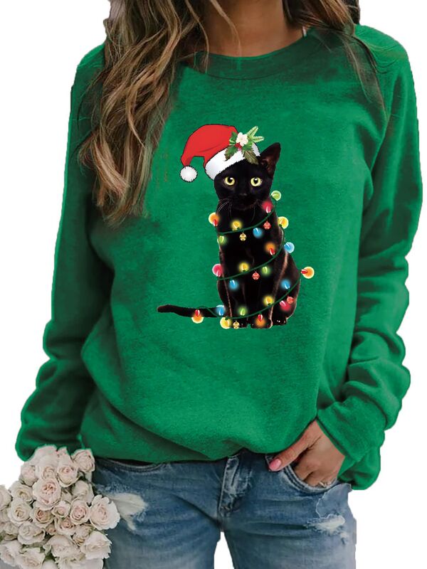 Christmas Printed Round Neck Casual Sweatshirt, Polyester Vein Stretch Silk Blend, Long Sleeves, Raglan Sleeves, Front