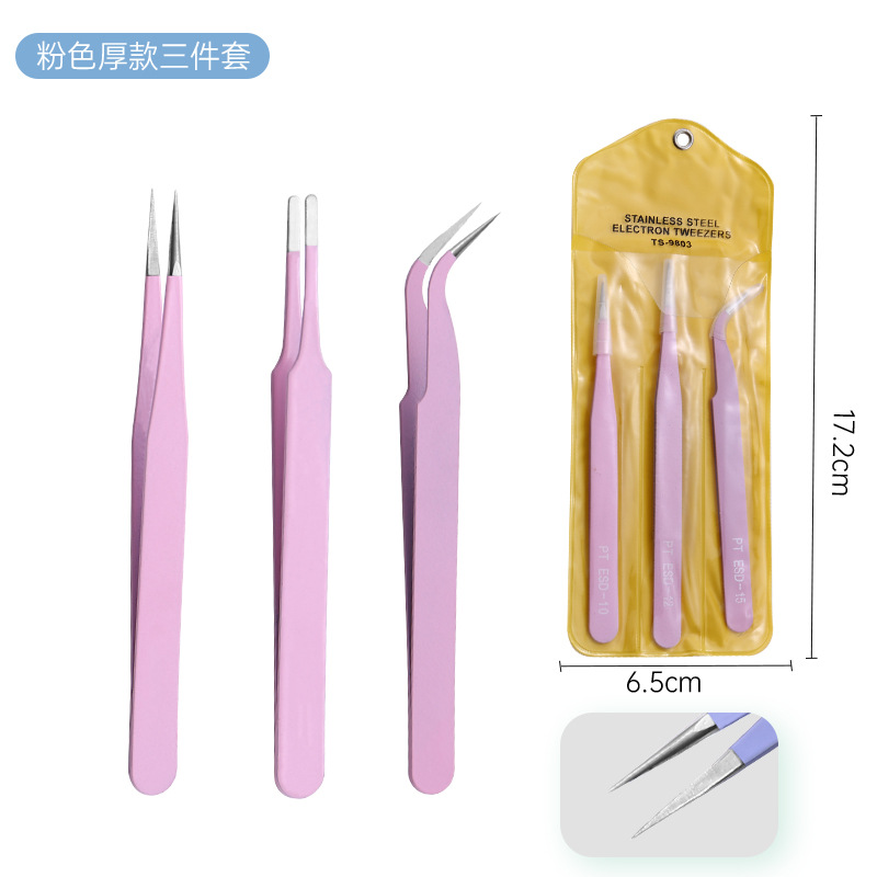 Pinzas para pestañas de acero inoxidable, punta curva, rosa
