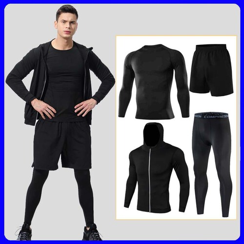 Men's Fitness Training Running Set Breathable Quick-Drying Fitness Clothes 5-Piece Set Yoga Tight Long-Sleeve Sweatproof Clothing