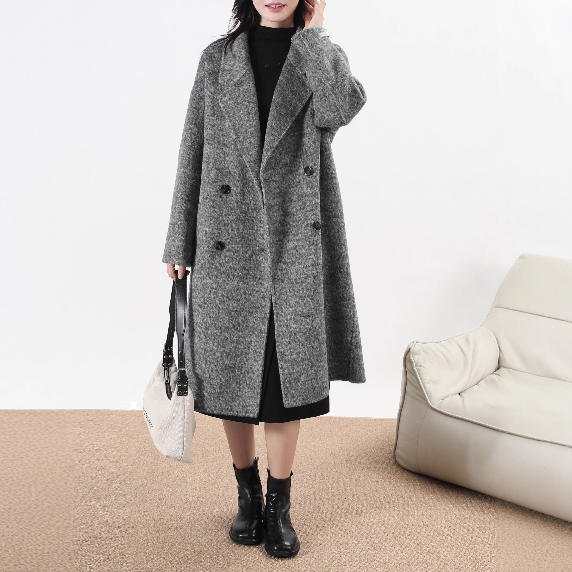2025 New Autumn and Winter New Large Double-Sided Cashmere Outwear Loose Cocoon-Shaped Dark Gray Gray Long Woolen Outwear