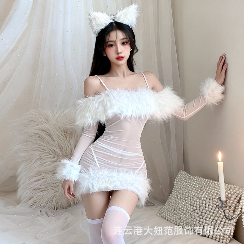 New Sexy Lingerie Set with Plush See-Through Fringe, Lace-Up Back, Pure Desire Tube Top, Strapless Dress, and Bodycon Skirt