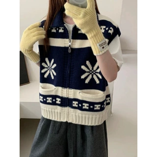 韩系费尔岛复古提花针织马甲女秋冬叠穿百搭翻领拉链开衫上衣