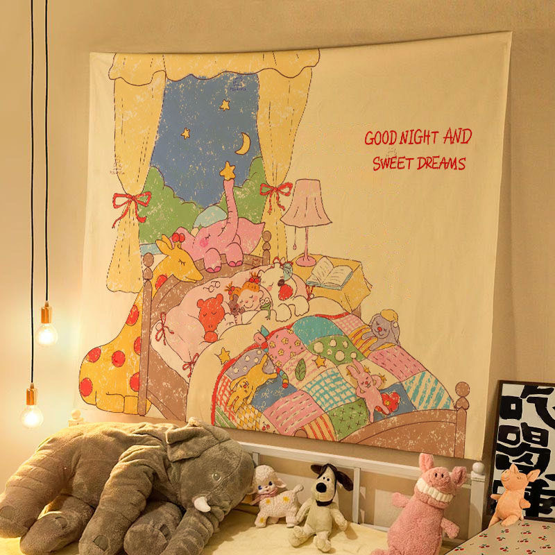 オイルパステルイラスト COCOソース かわいいおやすみ吊り布 子供部屋 寝室 壁飾り 雰囲気背景布 壁布|undefined