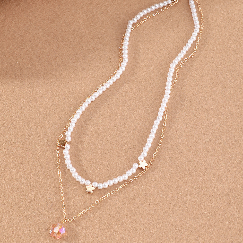 Pearl Necklace Niche Design Double Layer Gold Chain Crystal Pendant Jewelry display picture 5