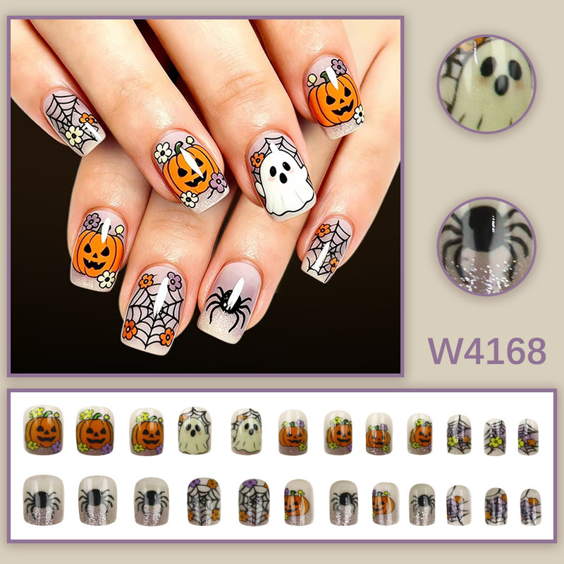 Floral Pumpkin Ghost Spider Short French Manicure Cute Halloween Cartoon Hand-painted Finished Nail Art Available for Wholesale