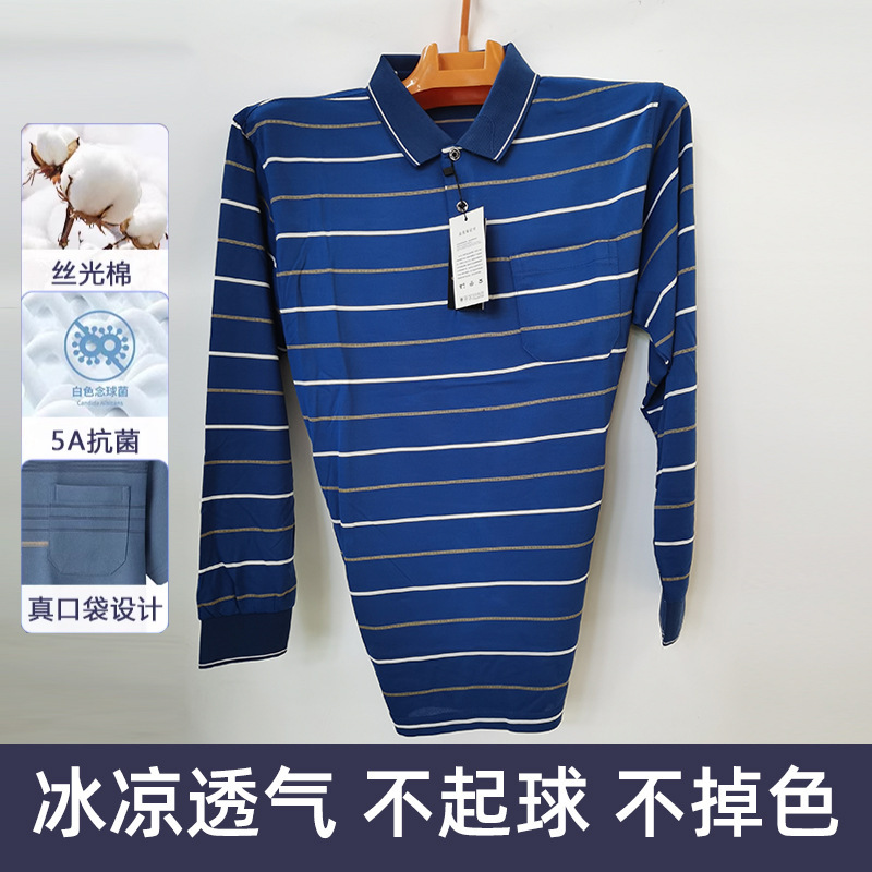 Pinstripes Polo Shirt Cotton Long-Sleeved Bottoming Shirt Men's Casual Versatile Japanese Style Retro Men's Breathable Blue T-Shirt