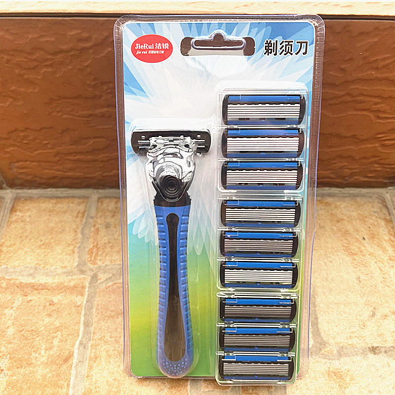 Factory direct supply stainless steel 6-layer razor blade old-fashioned manual men's shaving razor blade 1 blade holder 9 blade head