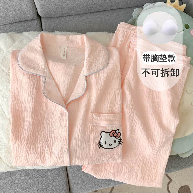 带胸垫黑灰色KT猫睡衣女款春秋季纯棉纱布长袖可爱学生少女家居服|undefined