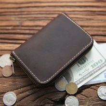 手工男士复古疯马头层牛皮拉链钱包男式短款硬币小零钱包真皮卡包