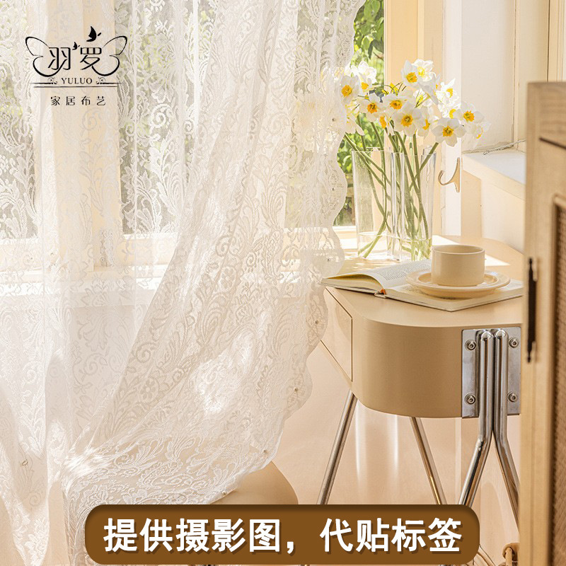 Romantic French Style Curtain Lace Gauze Curtain Finished American Style Pastoral Pearl White Yarn Fabric Princess Room Perforated Hook Yarn