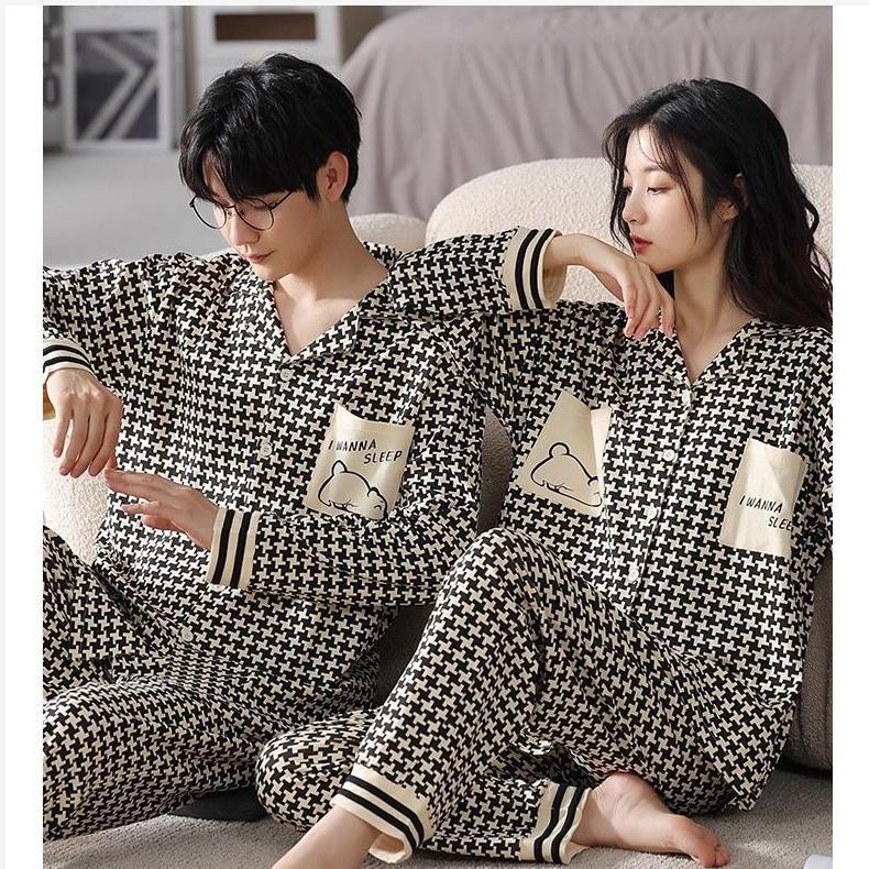 Nuevo primavera y otoño pareja pijama mujeres otoño algodón cardigan hombre solapa manga larga pantalones largos set de ropa de casa casa