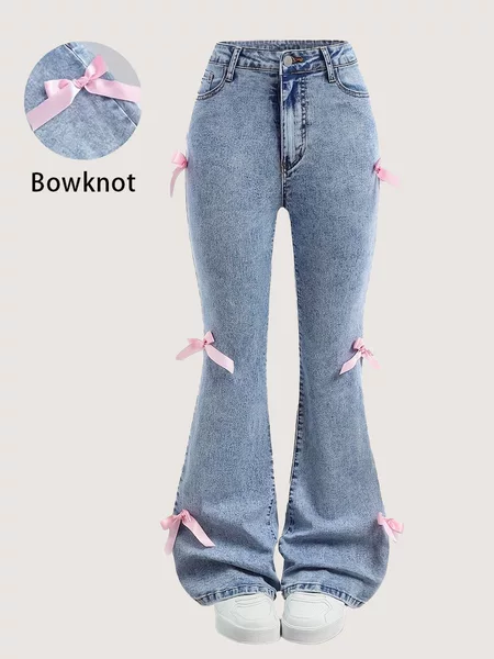 Cross-Border In-Stock Items Exclusively for Amazon and Aliexpress: New Style Bow-Decorated Elastic Flared Pants for Older Girls