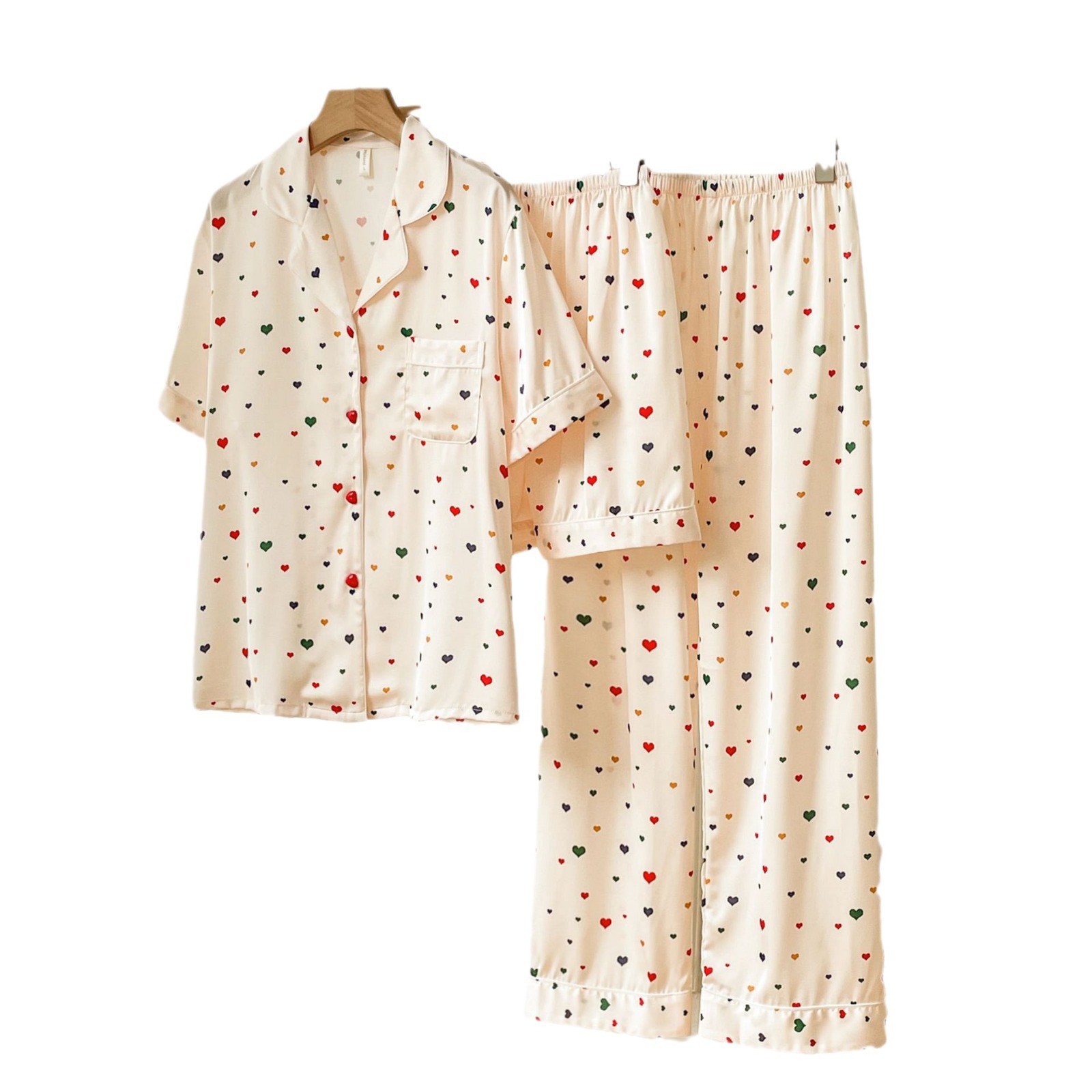 Pijama de seda fría con estampado de corazones, set de 3 piezas, ligero para verano