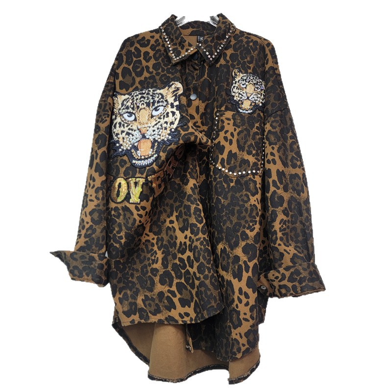 Camisa Suelta con Estampado de Leopardo de Poliéster con Cuentas y Manga Larga para Otoño