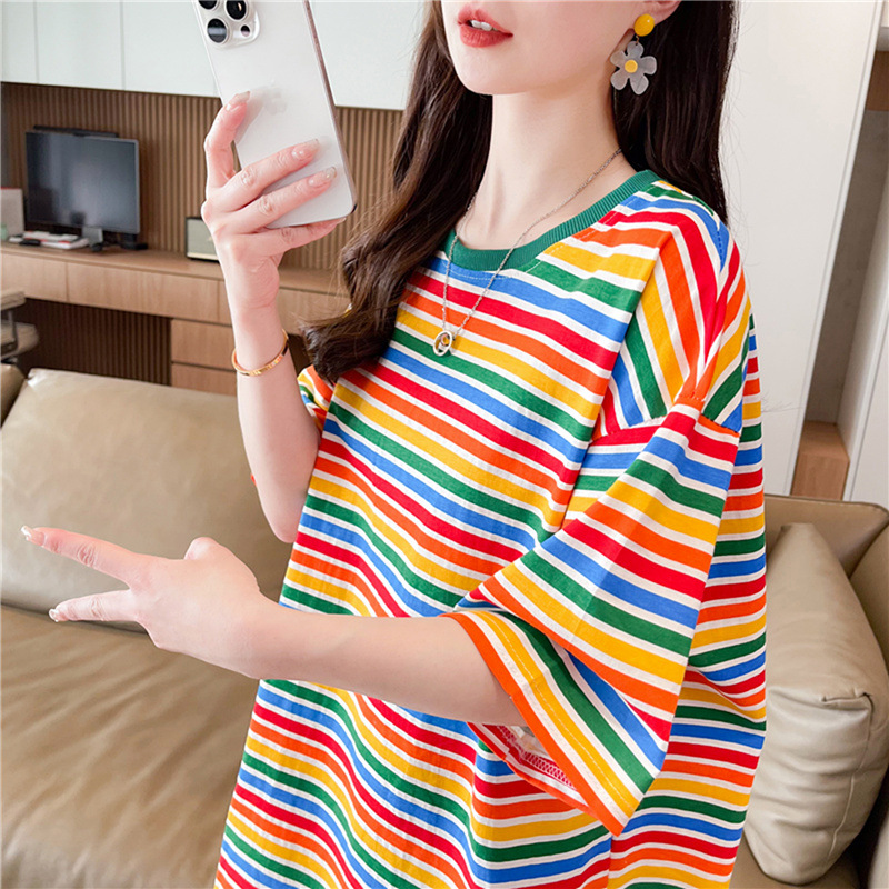 金韩撞色彩虹条纹t恤2025女短袖夏季新款简约百搭休闲宽松半包邮