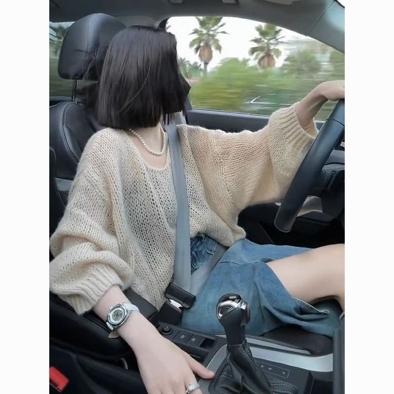 温柔软糯马海毛镂空针织衫女春秋慵懒韩版穿搭宽松毛衣罩衫上衣潮|undefined