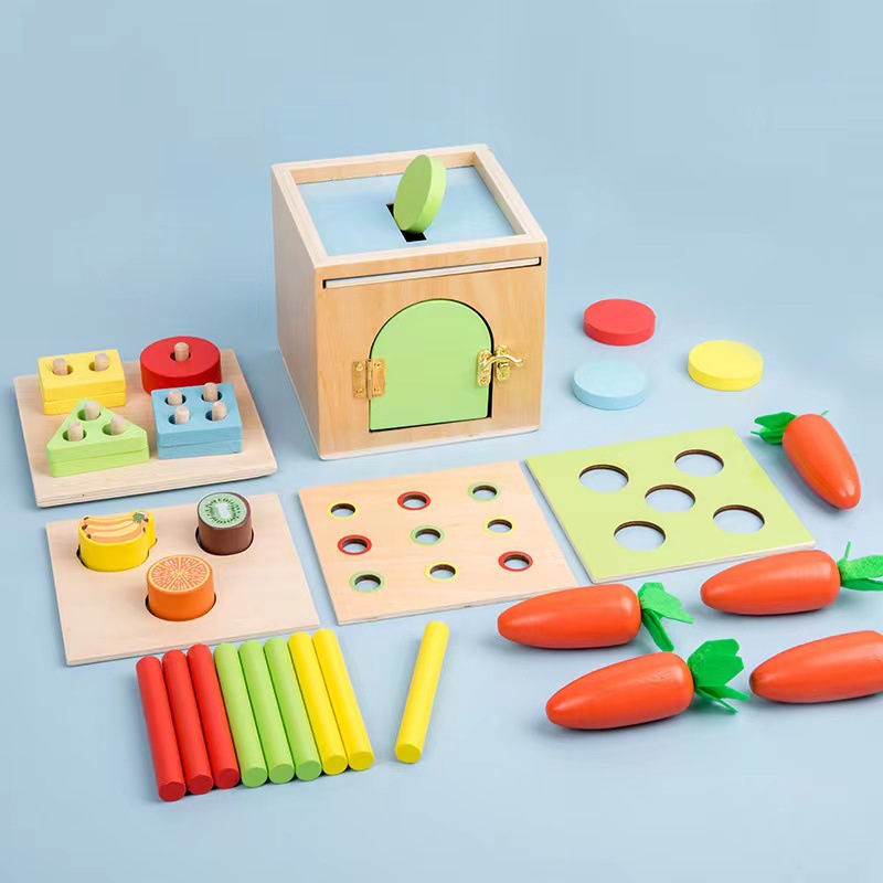 木质蒙氏儿童六合一智力盒拔萝卜形状套柱开锁配对多功能玩具教具