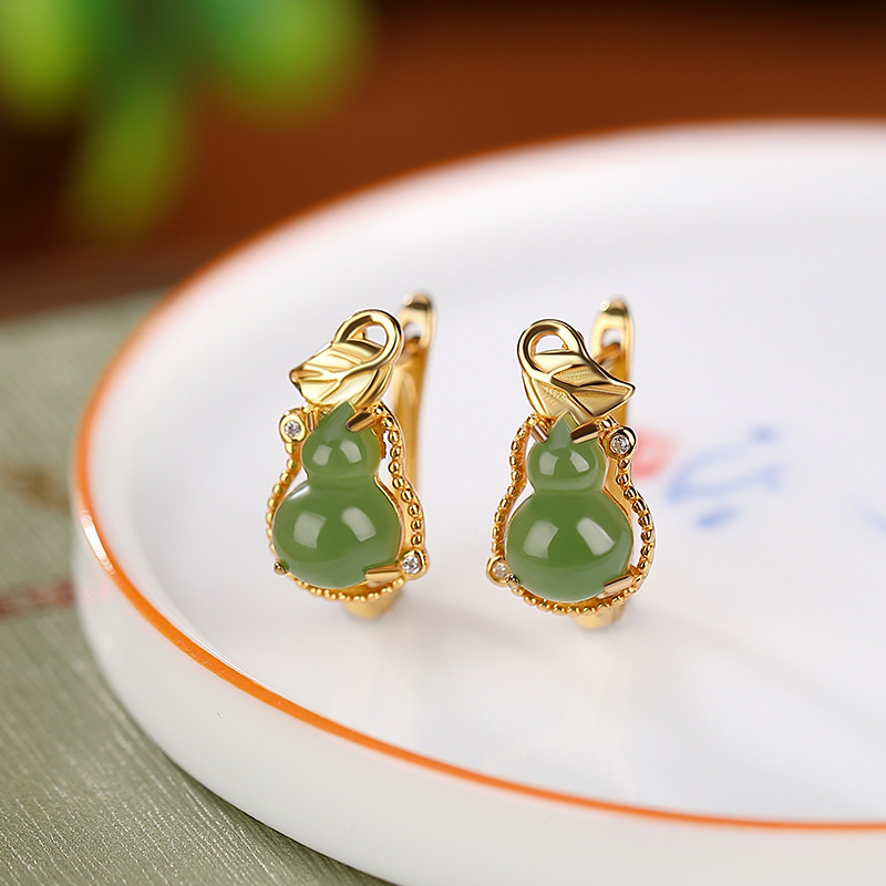 Khuyên tai nữ bạc S925 mạ vàng đính ngọc bích phong cách Trung Hoa — Kiểu màu bạc
