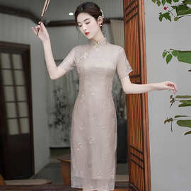 新中式刺绣修身复古改良短袖旗袍裙气质显瘦高端修身中国风裙子