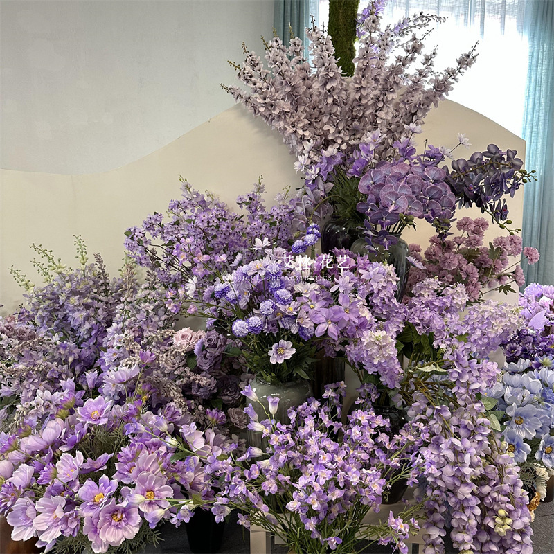 [Purple] Wedding Artificial Flower Hydrangea Rose Ceiling Mist Flower Arrangement Plastic with Grass Leaf Decoration Wedding Hall