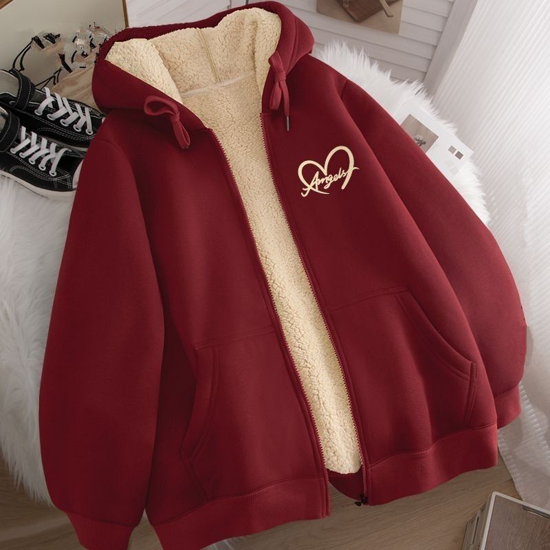 wine red Thickened Cardigan Lambskin Sweater Men's Long-sleeved Top Casual All-match Winter Warm Hooded Jacket 12