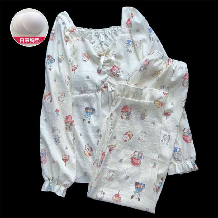 Pijamas de primavera y otoño, pantalones de manga larga, nubes de algodón, almohadilla de pecho dulce, conjunto de dos piezas, ropa de hogar simple.