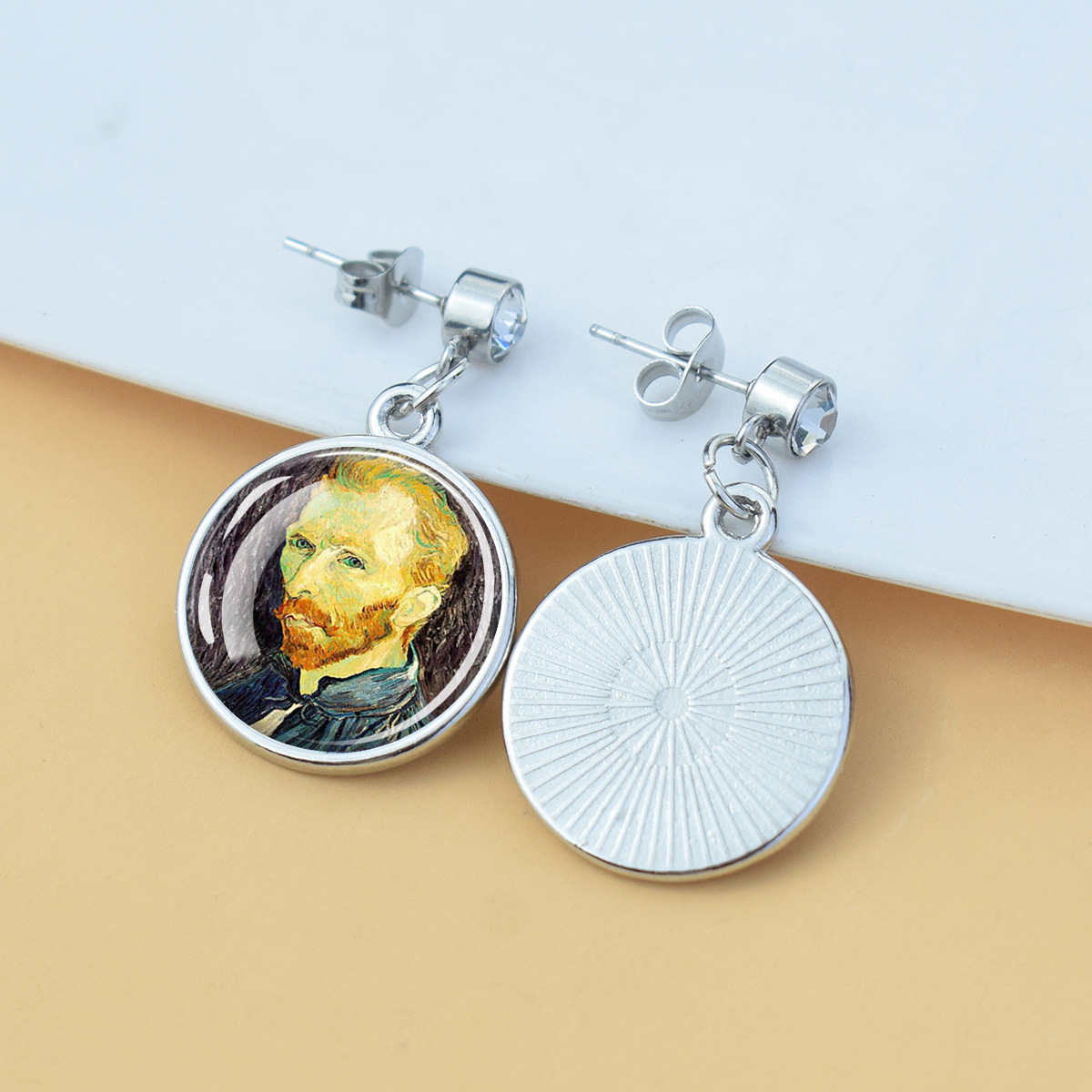 Pendientes de diamantes brillantes de flores Iris de girasol Van Gogh Art Starry Sky Pintura al óleo Pendientes de estilo europeo y americano medieval