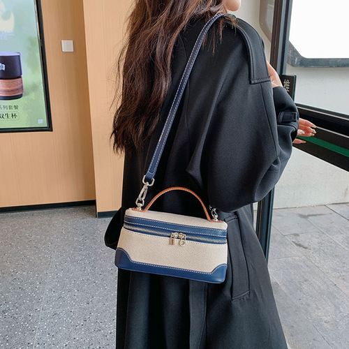 包包女跨境新款潮复古手提小方包帆布撞色拼接质感单肩斜挎包