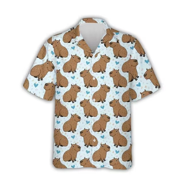 Cross-border Kawaii Capybara Pattern 3D Digital Print Hawaii Aloha Beach Men's Short Sleeve Shirt
