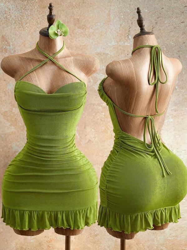 Sensual Bodycon Mini Dress With Ruffle Trim, Backless Halter Neck, And Waist-Gathering Pleats For A Flattering Fit_ecoleips.com