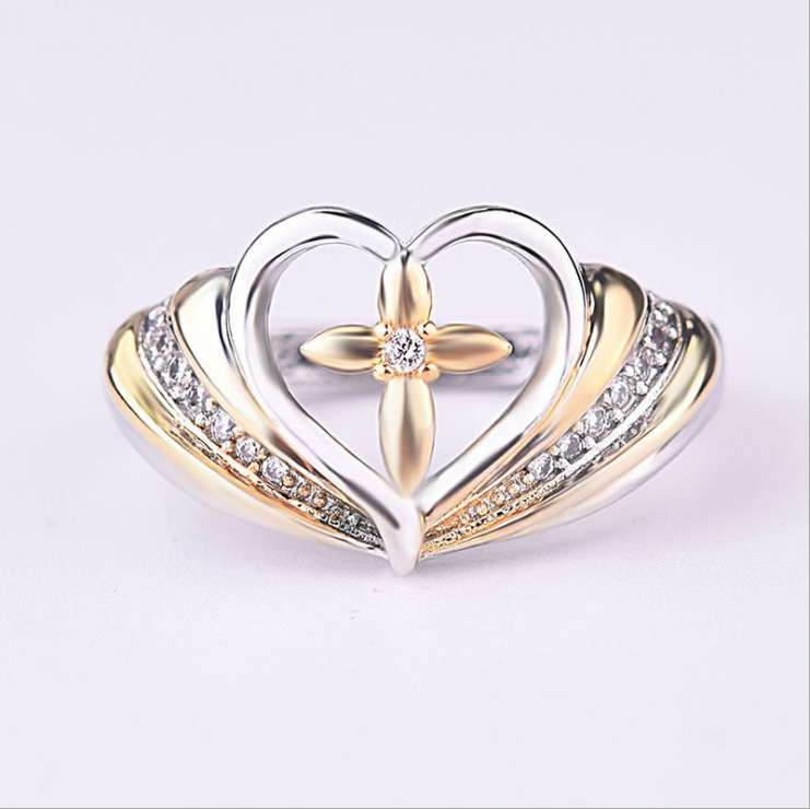 Hot-Selling New Cross-Shaped Love Heart Micro-Encrusted Ring, European and American Style, Two-Tone Ring for Women